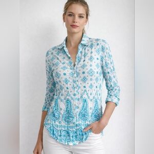 New Nwt Cino Art Stamp Print Cotton Top Crinkle